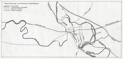 212011 Kaart van de stad Utrecht met directe omgeving; met weergave van de tracés van oude rivierlopen, gegraven ...